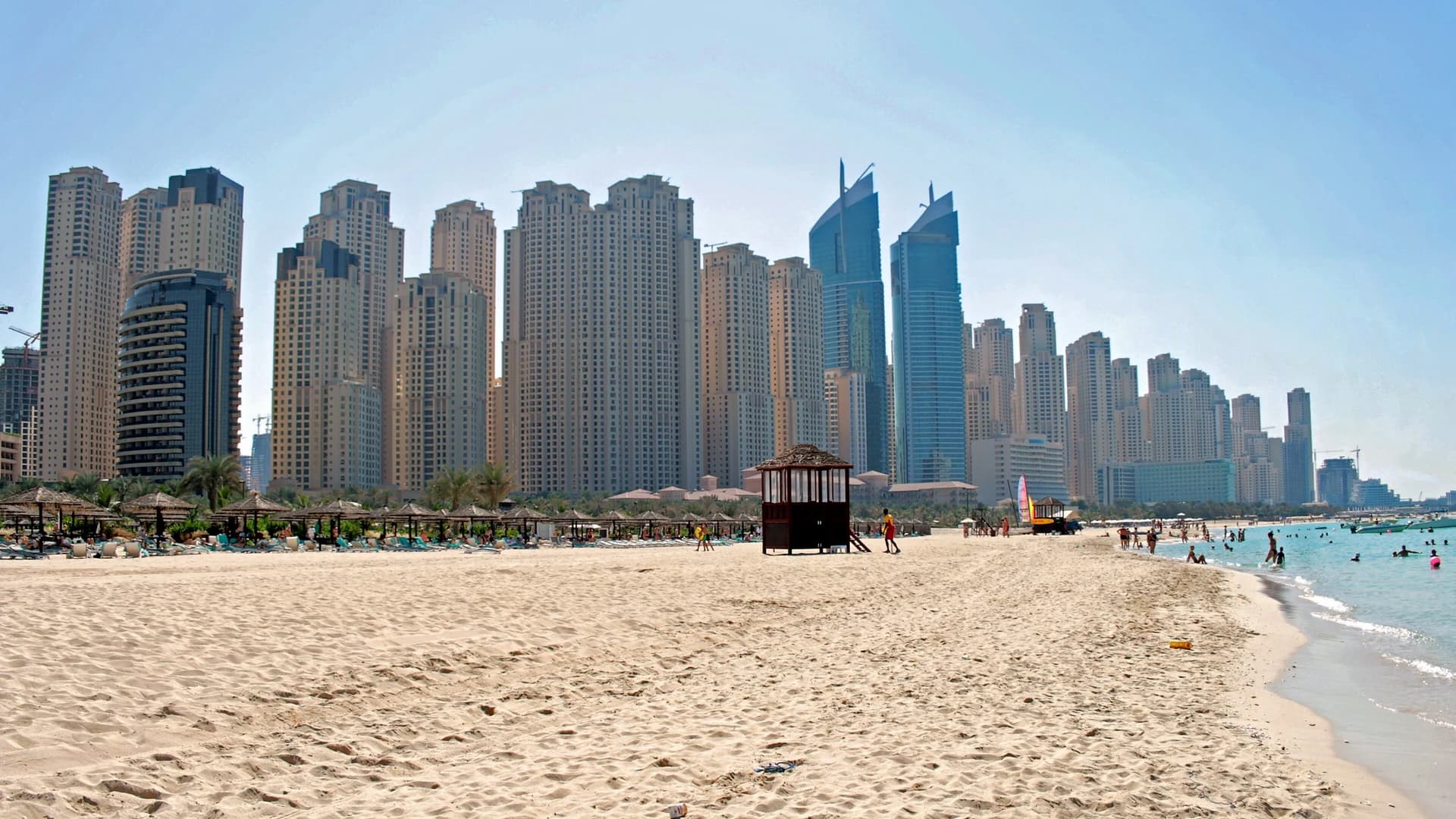 Jumeirah Beach Residence skyline seen from the beach, Dubai