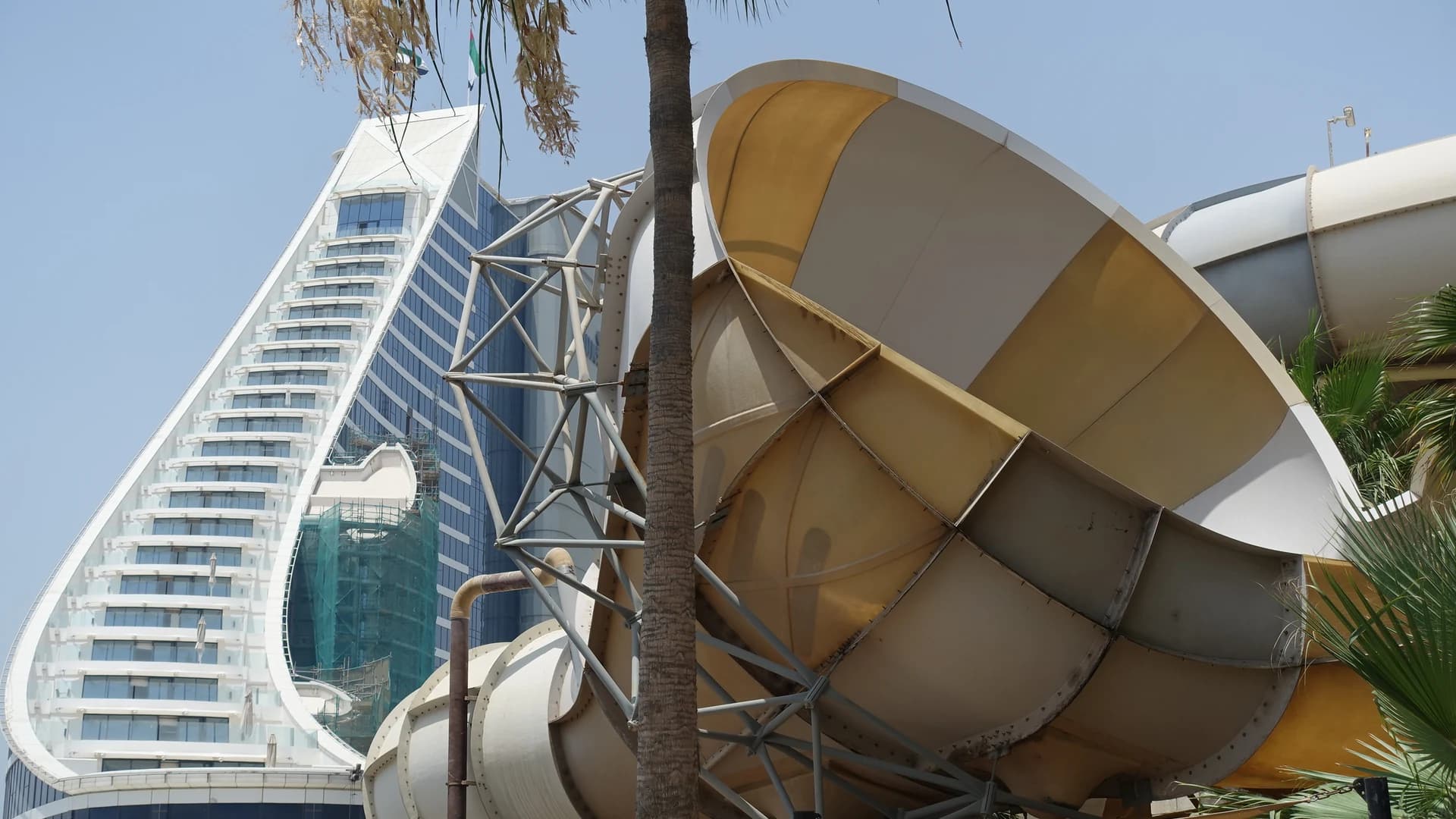 Wild Wadi Waterpark slides with the Burj Al Arab in the background, Dubai