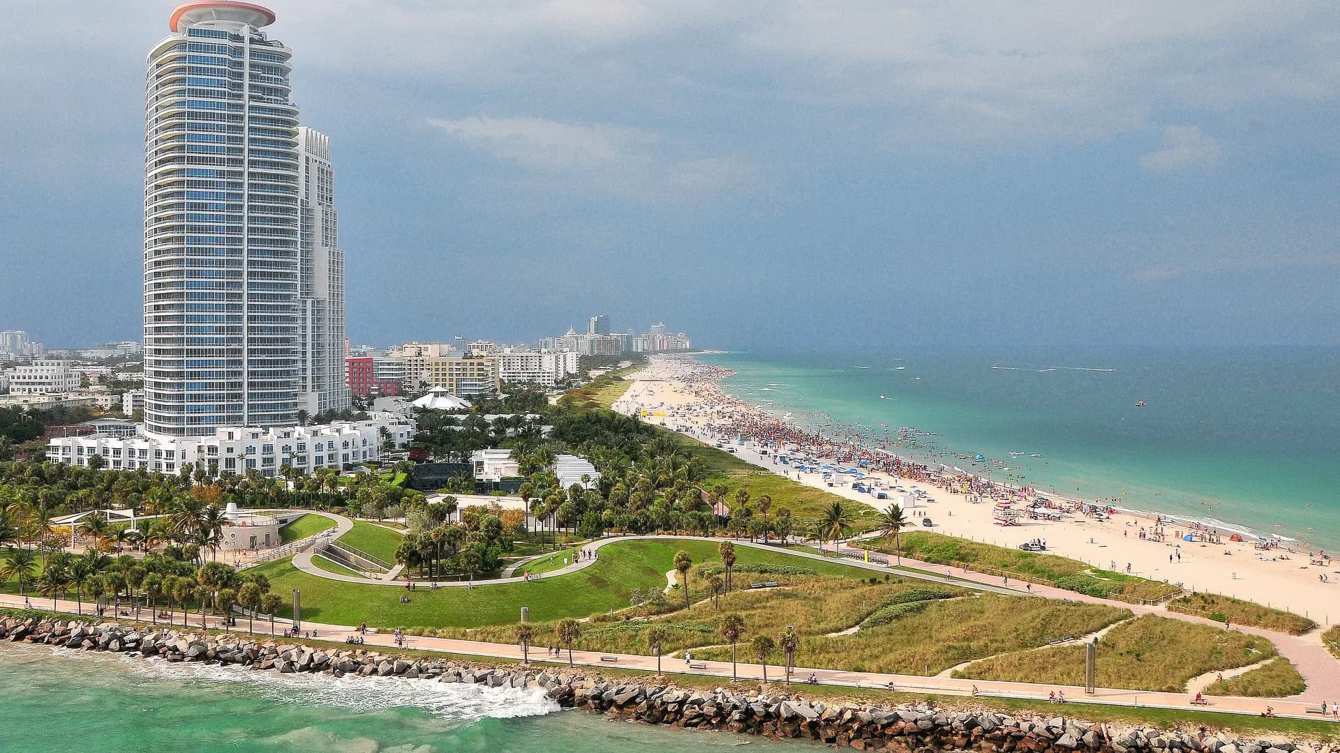 Aerial view of South Pointe Park and South Beach, Miami Beach, Florida