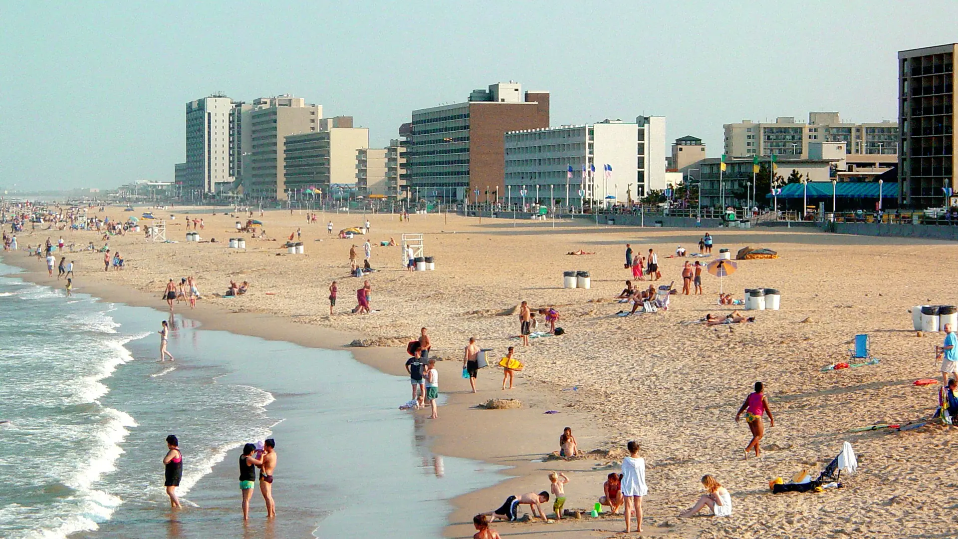 Oceanfront hotel skyline along the Virginia Beach Boardwalk, seen from the fishing pier