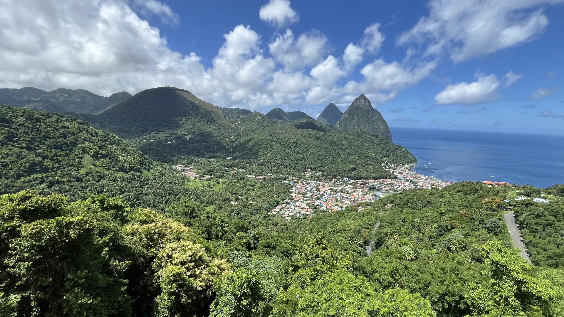 Soufrière town and the twin Pitons peaks, Saint Lucia, Caribbean