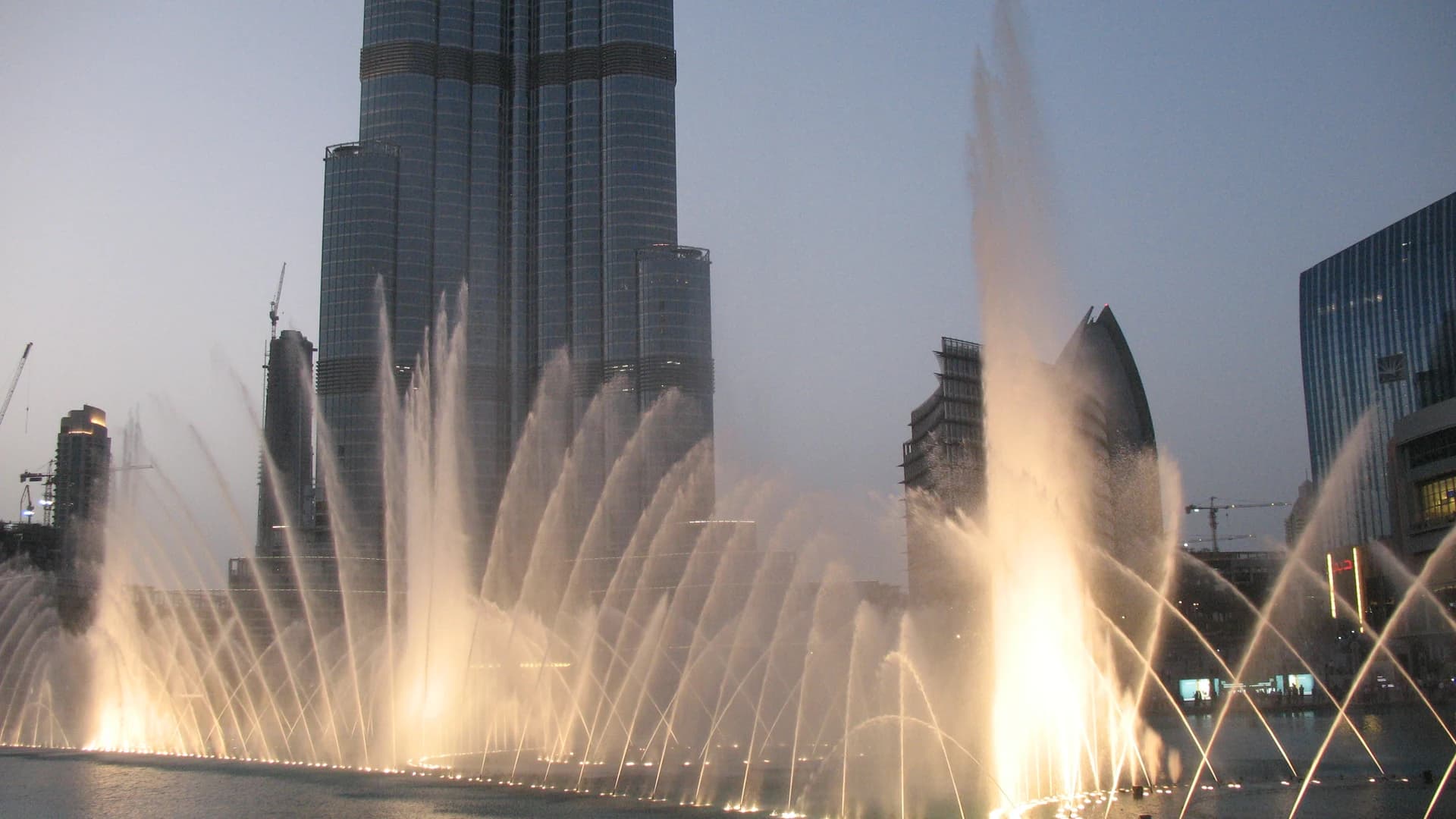 The Dubai Fountain performing in front of the Burj Khalifa