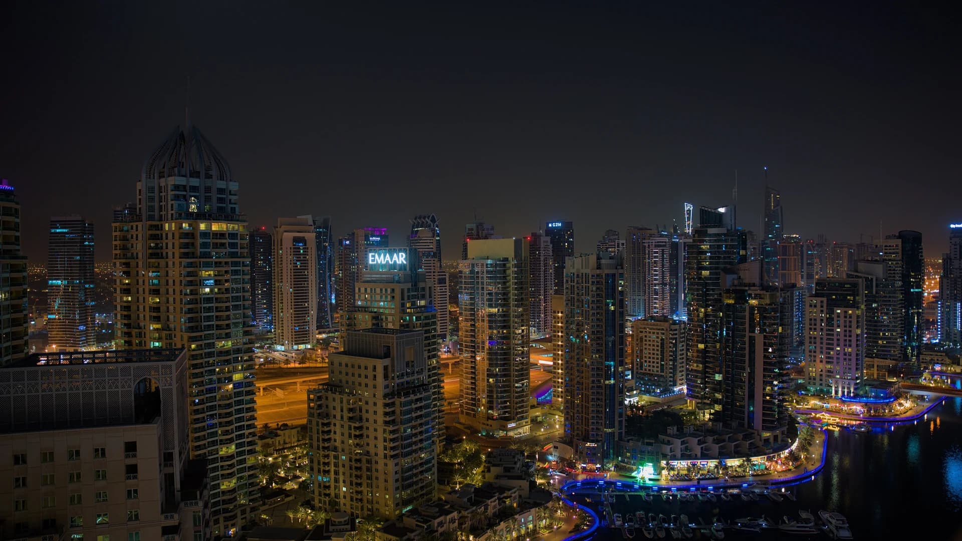 Dubai Marina skyline illuminated at night