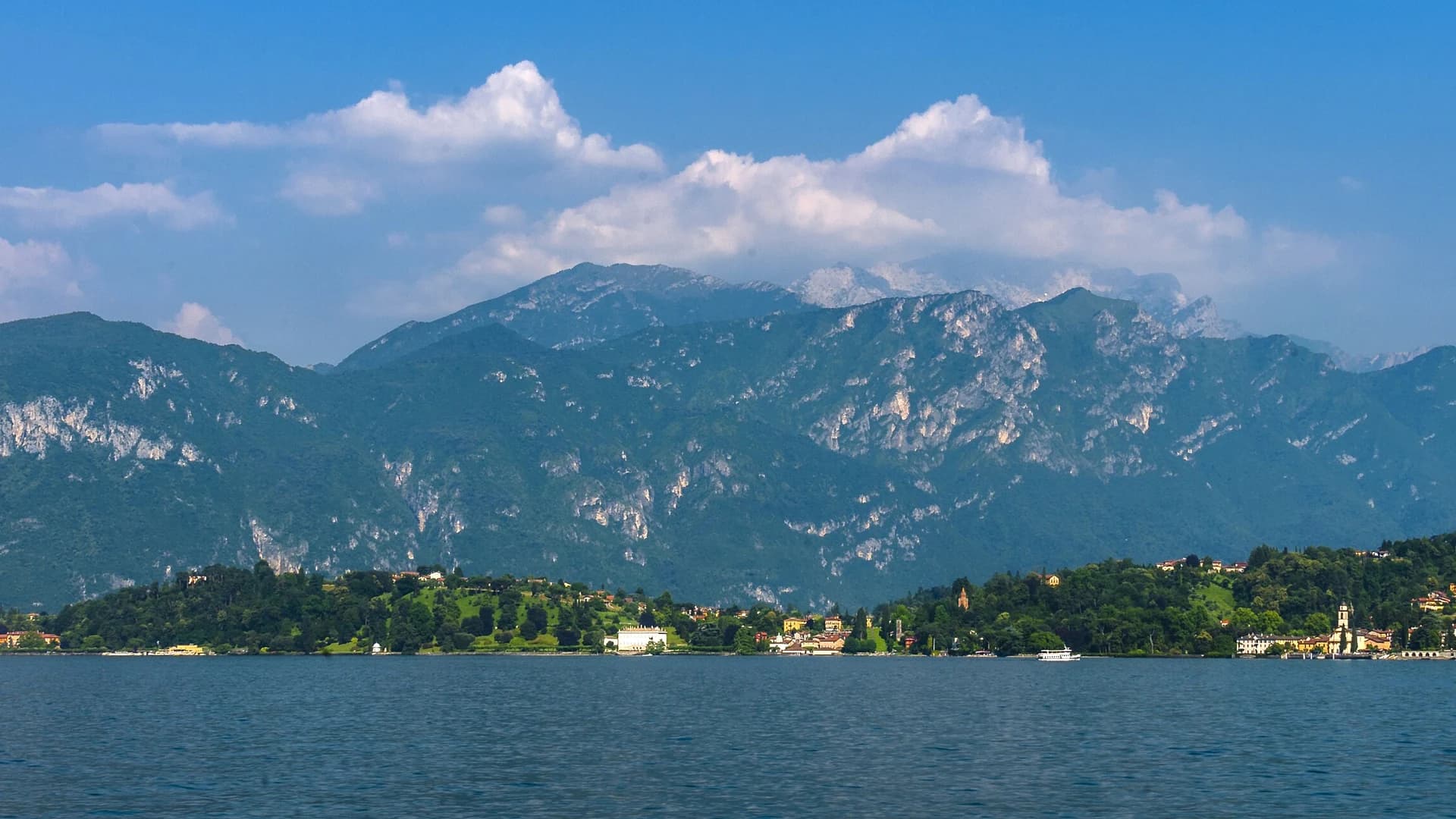 Bellagio and the surrounding Alps seen from a ferry on Lake Como, Italy