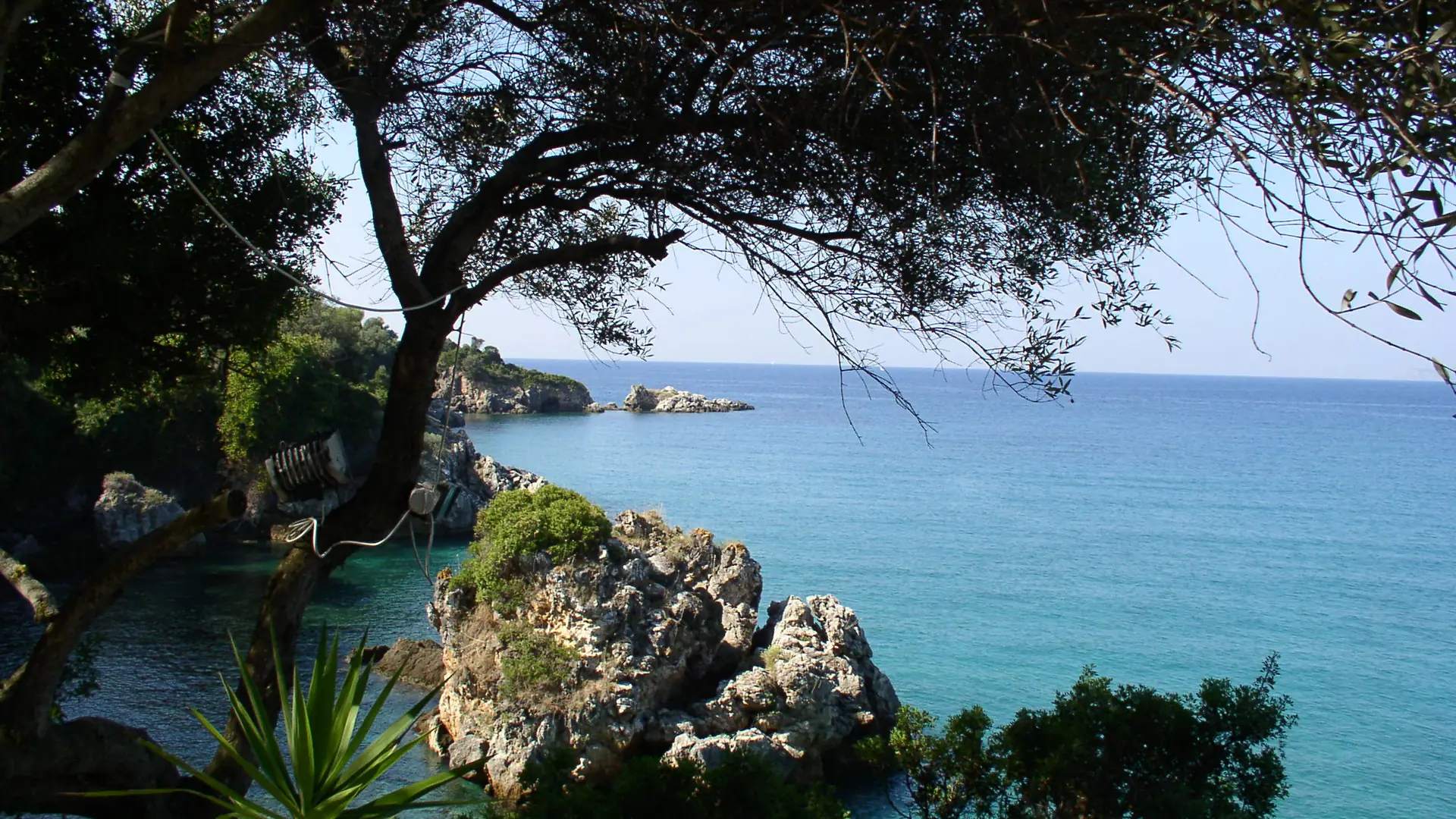 A rocky cove with turquoise water framed by olive trees near Parga, Greece