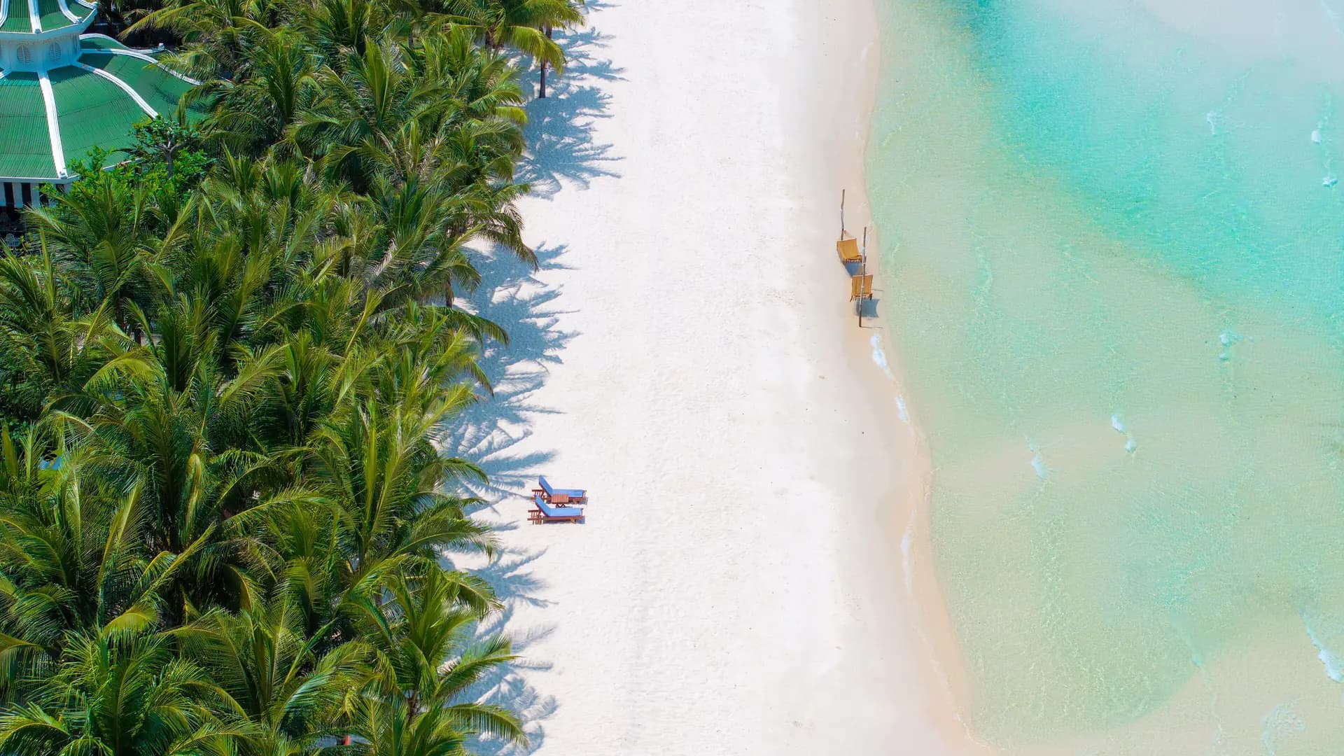 Aerial view of Kem Beach, palm trees and turquoise water, Phu Quoc, Vietnam