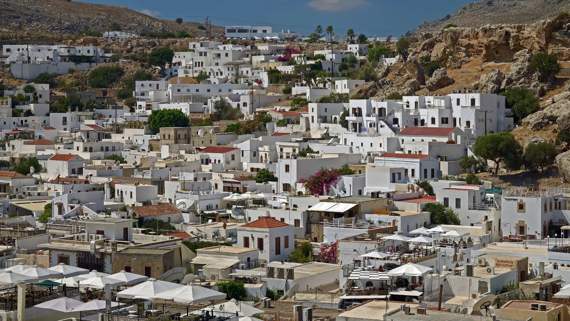 The whitewashed village of Lindos seen from the Acropolis, Rhodes, Greece