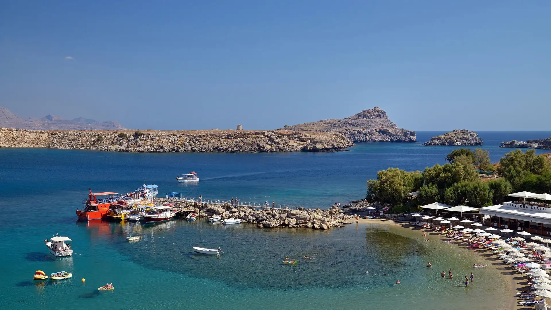 The pier and bay at Lindos, Rhodes, Greece