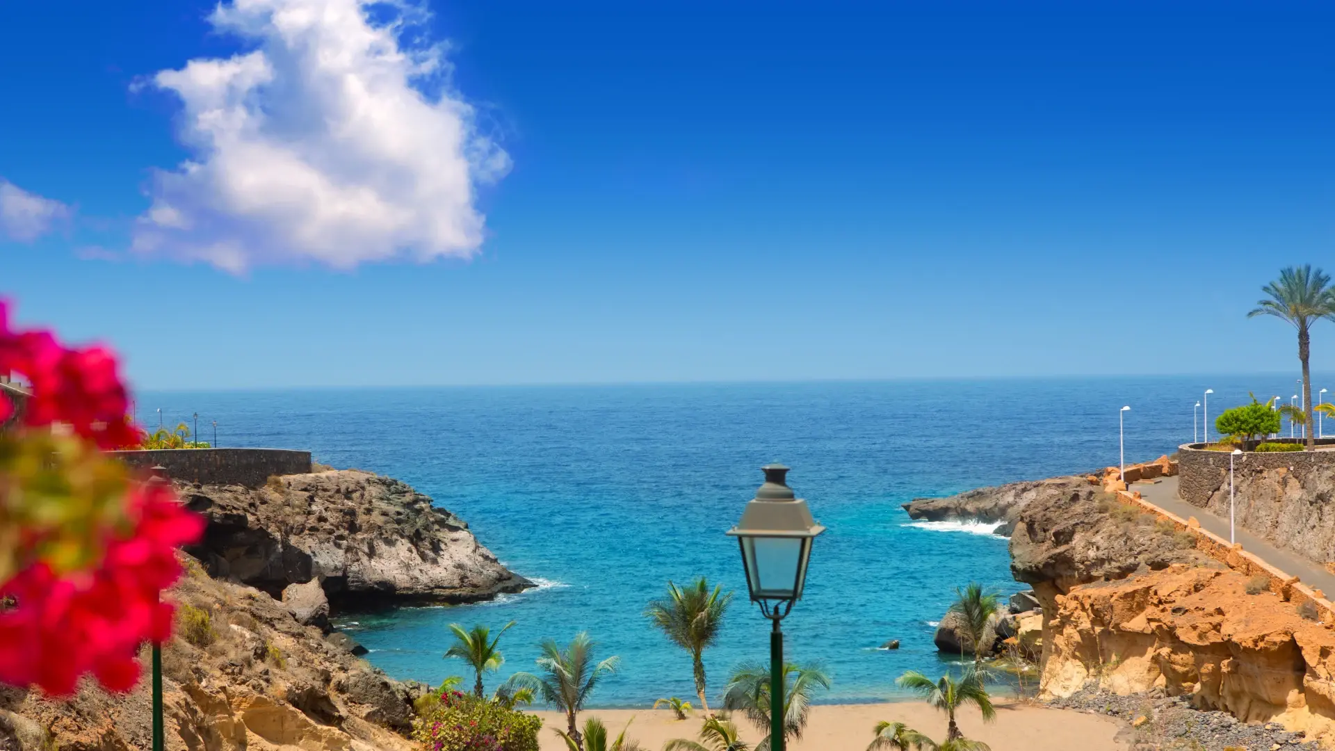 Turquoise coastal cove with volcanic rocks and bougainvillea, Tenerife, Spain