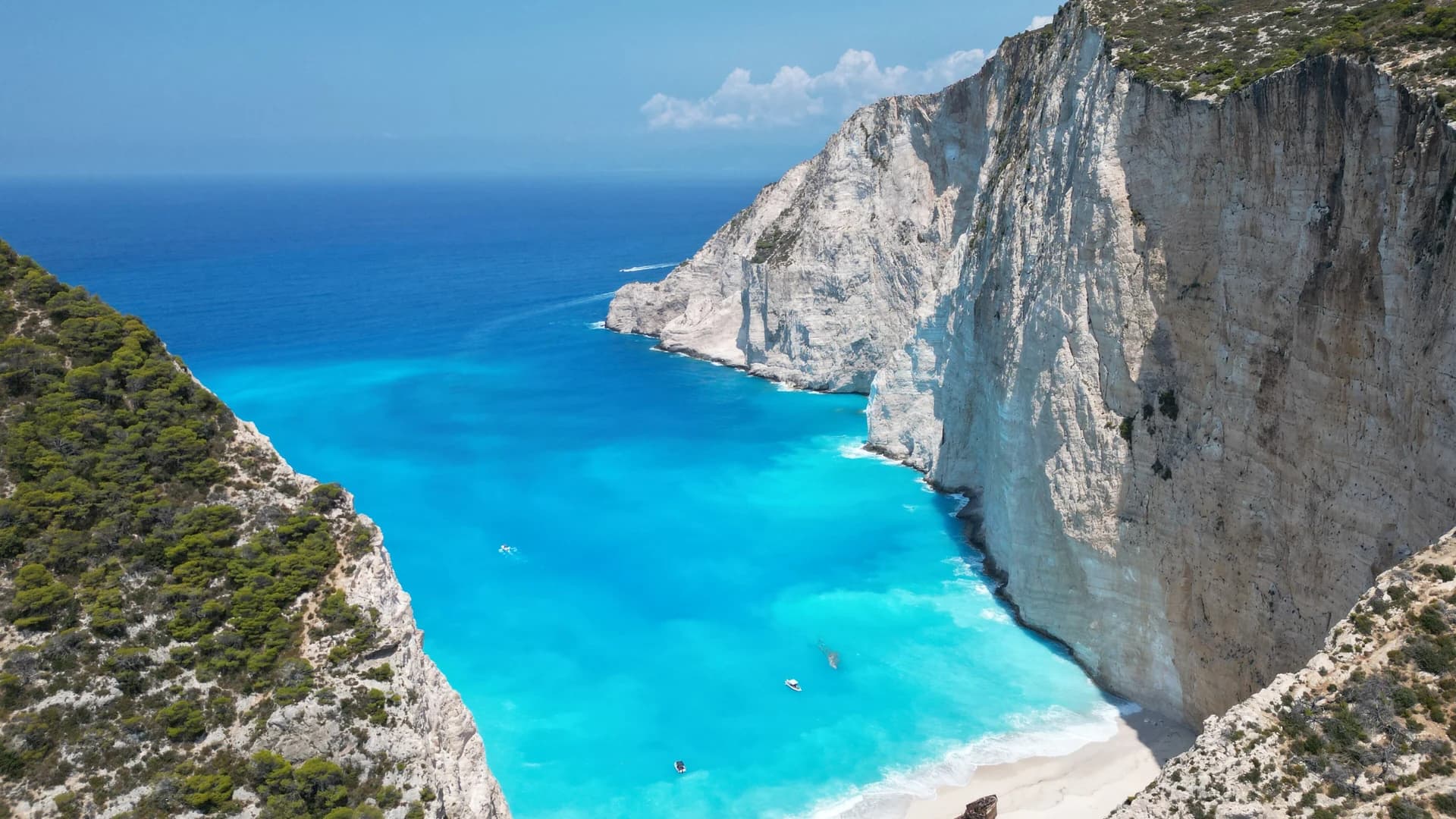 Navagio, the Shipwreck Beach cove below white cliffs, Zakynthos, Greece
